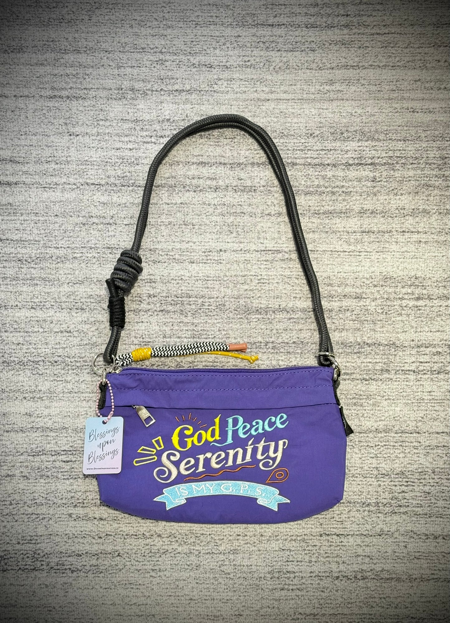 “God Peace Serenity is my G.P.S. “Small Handbag with embroidered calligraphy