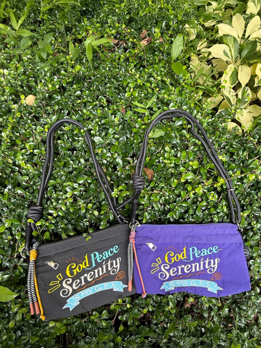 “God Peace Serenity is my G.P.S. “Small Handbag with embroidered calligraphy